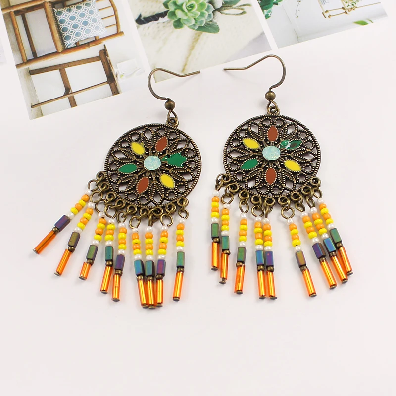 Round hollow carved sun flower inlaid with colored natural stone string of resin beads Tassel Drop Earrings Bohemian | Украшения и