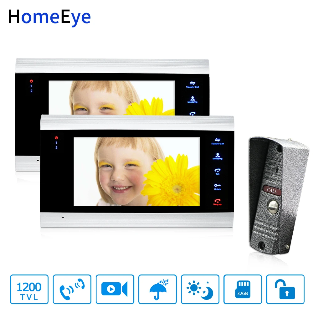

HomeEye 7'' Video Door Phone Intercom 1 to 2 1200TVL Waterproof Motion Detection Multi-languages OSD Menu Touch Button Screen