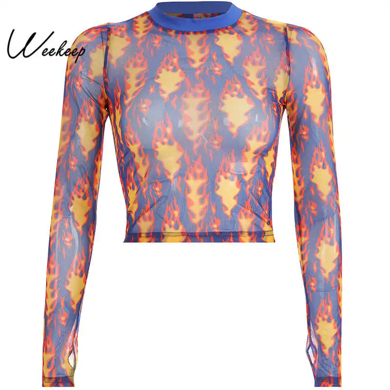 Weekeep Flame Print Mesh Long Sleeve t shirt Women Patchwork O-neck Perspective Croppted t-shirt Summer Streetwear Crop Top
Weekeep Flame Print Mesh Long Sleeve t shirt Women Patchwork O-neck Perspective Croppted t-shirt Summer Streetwear Crop Top