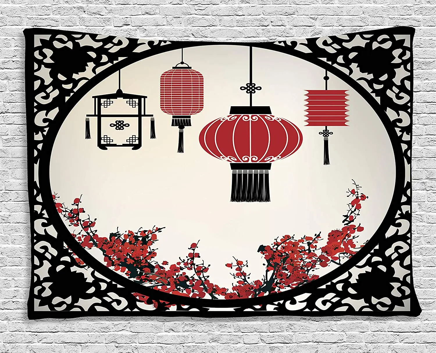 Asian Tapestry Wall Hanging Lanterns with Japanese Sakura Cherry Blossom Trees and Round Ornate Figure Graphic Decor
Asian Tapestry Wall Hanging Lanterns with Japanese Sakura Cherry Blossom Trees and Round Ornate Figure Graphic Decor