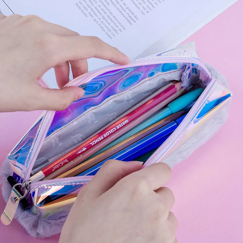 Cute Iridescent Laser Plush Pencil Case Magic Cool Transparent PVC Pencils Bags Stationery Pouch Office School Supplies
Cute Iridescent Laser Plush Pencil Case Magic Cool Transparent PVC Pencils Bags Stationery Pouch Office School Supplies