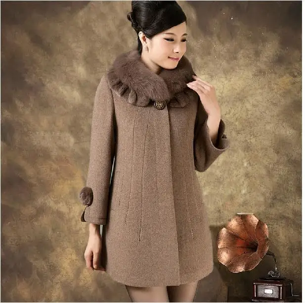 Free shipping winter mother women fur collar cashmere medium-long woolen coat plus size 5XL
Free shipping winter mother women fur collar cashmere medium-long woolen coat plus size 5XL