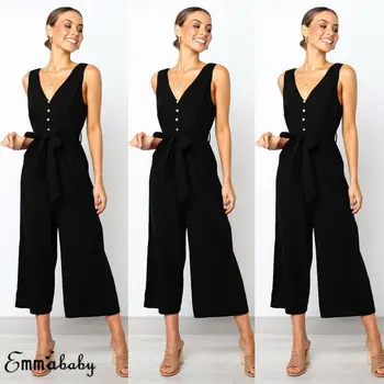 Womens Solid Playsuit Ladies Party V-Neck Button Summer Bandage Sleeveless Romper Loose Wide Leg Jumpsuit Size
Womens Solid Playsuit Ladies Party V-Neck Button Summer Bandage Sleeveless Romper Loose Wide Leg Jumpsuit Size