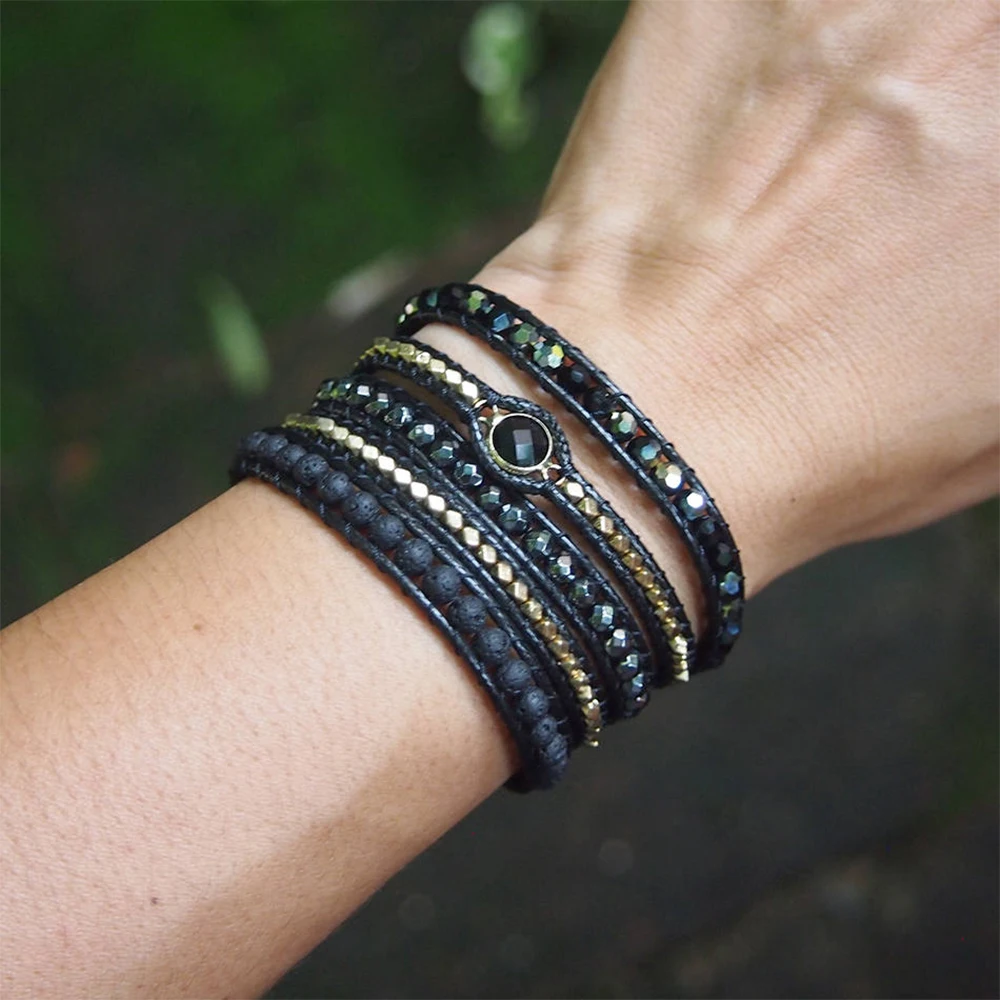 

Men and Women Bohemian Black Mix Natural Stone Beadwork 5 Wraps Bracelet Jewellery