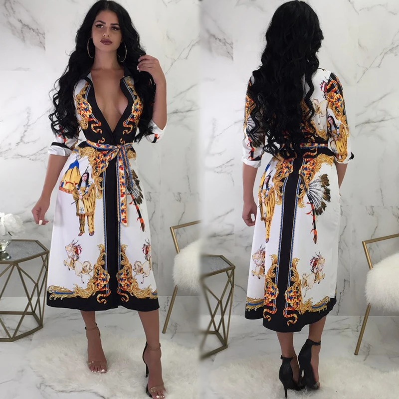 Women Midi Dress Ethnic Print Plunge V Neck Three Quarter Sleeve Waist Strap Slim Retro Dress 2019 Autumn Vintage Dress White
Women Midi Dress Ethnic Print Plunge V Neck Three Quarter Sleeve Waist Strap Slim Retro Dress 2019 Autumn Vintage Dress White