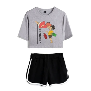 comic Ponyo On The Cliff Two-Piece trend New Summer cotton Print Exposed Navel gray T-Shirt+black short Women's Suit clothing
comic Ponyo On The Cliff Two-Piece trend New Summer cotton Print Exposed Navel gray T-Shirt+black short Women's Suit clothing