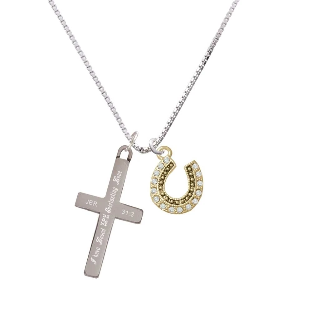 Beaded Clear Crystal Gold Tone Horseshoe with Good Luck - Everlasting Love - Cross Necklace