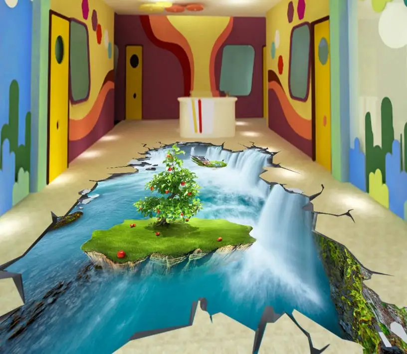Image 3D floor bathroom custom 3d floor flying Island wateralls self adhesive waterproof floor 3d pvc wallpaper for living room