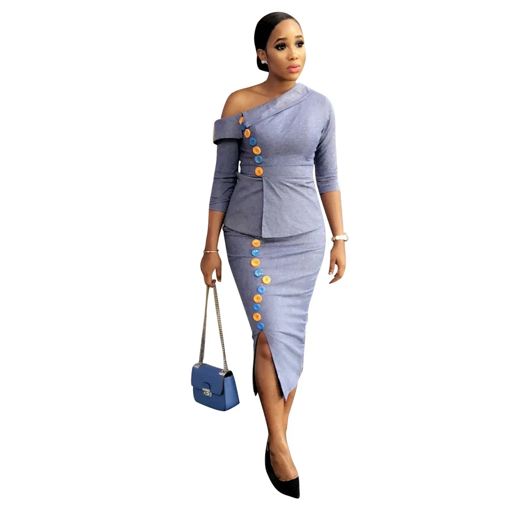 Women Sexy Skew Collar Off Shoulder Sleeve Button Side Top + Slit Midi Skirts Two Pieces Sets Fashion Office Lady Dresses
Women Sexy Skew Collar Off Shoulder Sleeve Button Side Top + Slit Midi Skirts Two Pieces Sets Fashion Office Lady Dresses