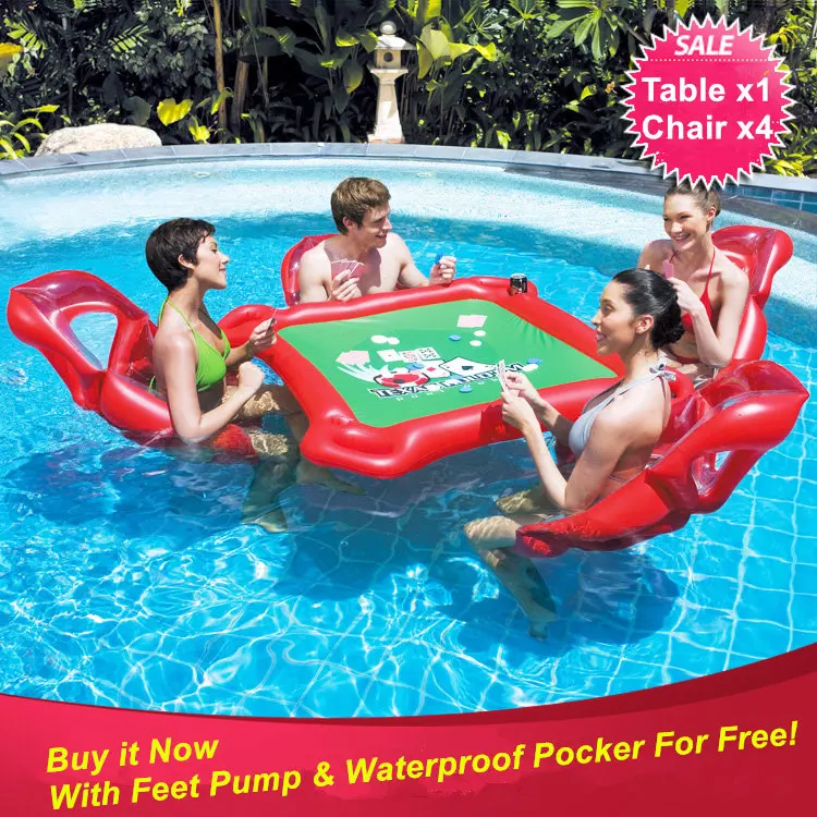 Image Beach Party Inflatable Toy Pool Float Large Floating Pocker Table and 4 Chairs for Texas Hold  Em with Drink Poker Chips Holder