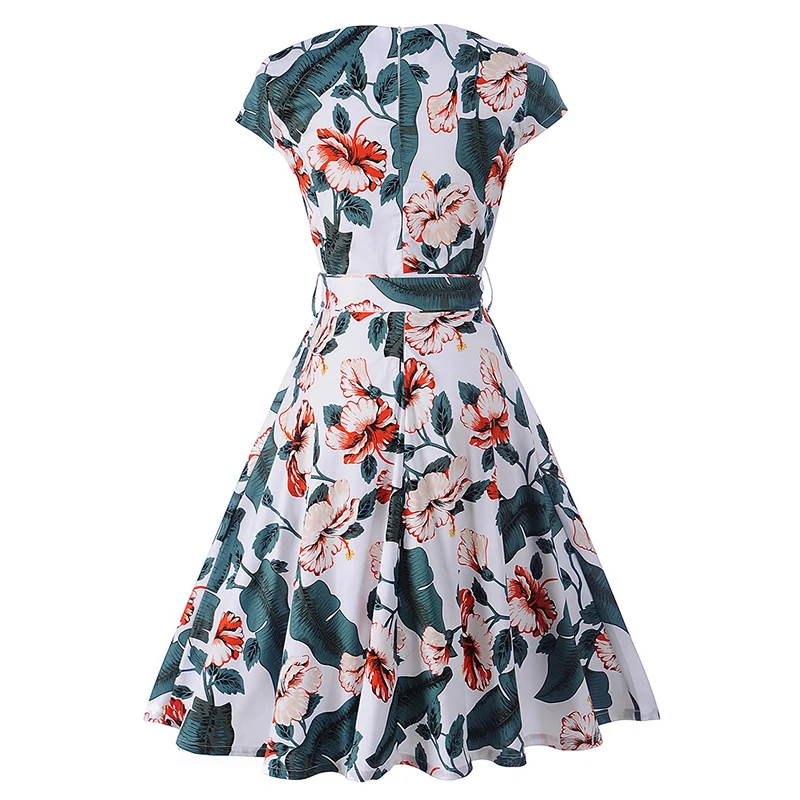 Kostlish Floral Print Summer Sundress 2017 Short Sleeve Belt Tunic Vintage Dress Women Elegant Swing Rockabilly Party Dresses (6)