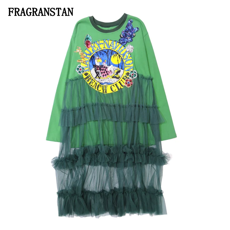 Spring Autumn Women New Fashion Mesh Patchwork Cake Dress Female Letter Cartoon Printed Sequins High Quality Loose Dress JQ531
Spring Autumn Women New Fashion Mesh Patchwork Cake Dress Female Letter Cartoon Printed Sequins High Quality Loose Dress JQ531