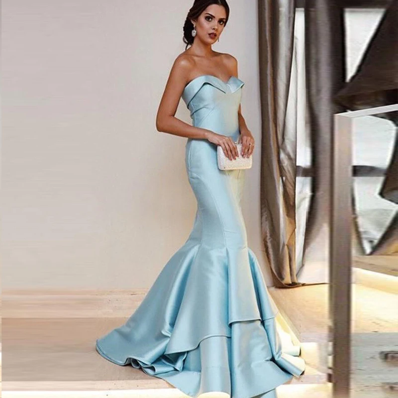 Elegant Sweetheart Sleeveless Mermaid Prom Dresses Formal Satin Light Blue Evening Party Gown Plus Size Robe de Soiree
Elegant Sweetheart Sleeveless Mermaid Prom Dresses Formal Satin Light Blue Evening Party Gown Plus Size Robe de Soiree