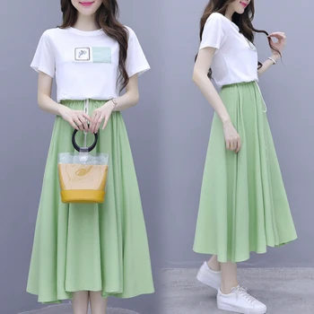 

Loose New 2019 High Waist 2 Pcs Set Print Fashion Casual Twinset Korean Vintage Brief Mid-calf Damen Zweiteiler