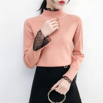 autumn Winter Lace Half High Neck Tops Long Sleeved Bottoming Sweaters And Pullovers Female Slim Highly Elastic Knitwear top
autumn Winter Lace Half High Neck Tops Long Sleeved Bottoming Sweaters And Pullovers Female Slim Highly Elastic Knitwear top