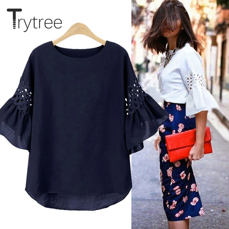 Trytree Summer top Women t Shirt Casual Hollow Out Flare Sleeve Shirt Solid Tops clothes O-Neck Casual Cotton Polyester tshirt
Trytree Summer top Women t Shirt Casual Hollow Out Flare Sleeve Shirt Solid Tops clothes O-Neck Casual Cotton Polyester tshirt