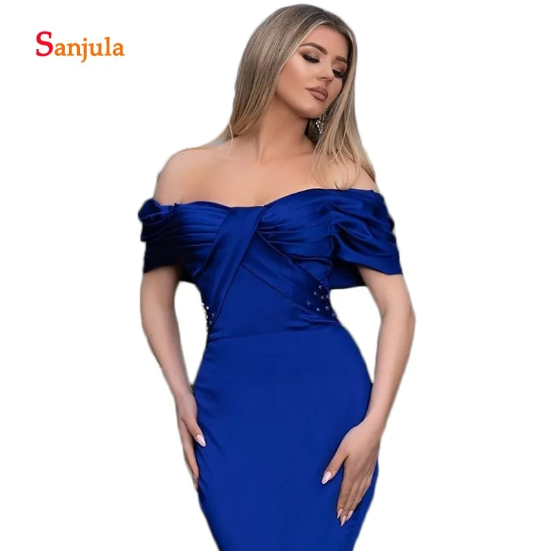 Royal Blue Mermaid Evening Dresses Boat Neck Off the Shoulder Long Gowns Pleats Beaded Women Party D770 | Свадьбы и торжества