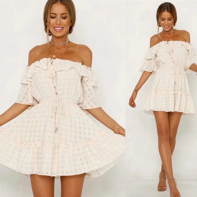 yinlinhe Off Shoulder Summer Dress Short Sleeve Lace Up Sexy Plaid Women Dress Backless Slim Waist Elegant Ruffles Vestidos 2