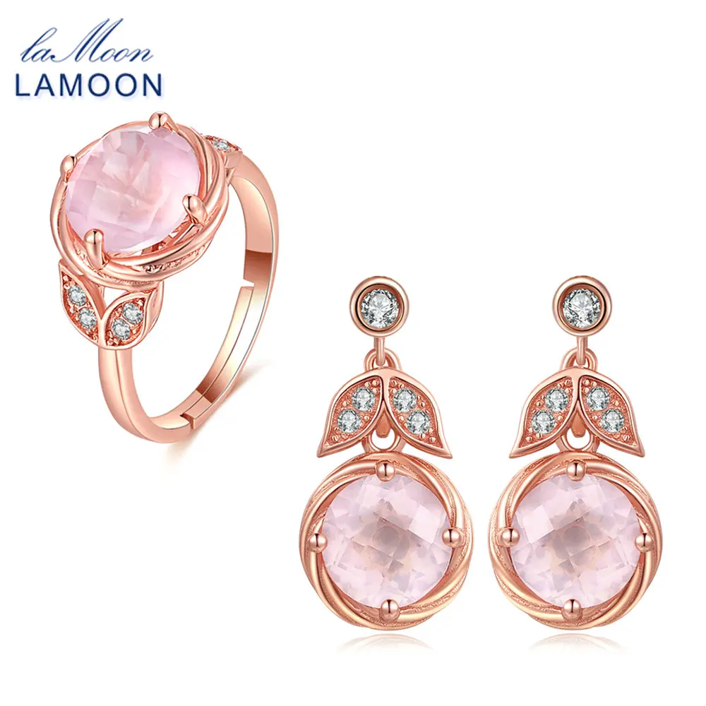 LAMOON Cute Jewelry Sets For Women 100% Natural Pink Rose Quartz 925 Sterling Silver Rose Gold Plated Drop Earrings Ring V023-4
LAMOON Cute Jewelry Sets For Women 100% Natural Pink Rose Quartz 925 Sterling Silver Rose Gold Plated Drop Earrings Ring V023-4