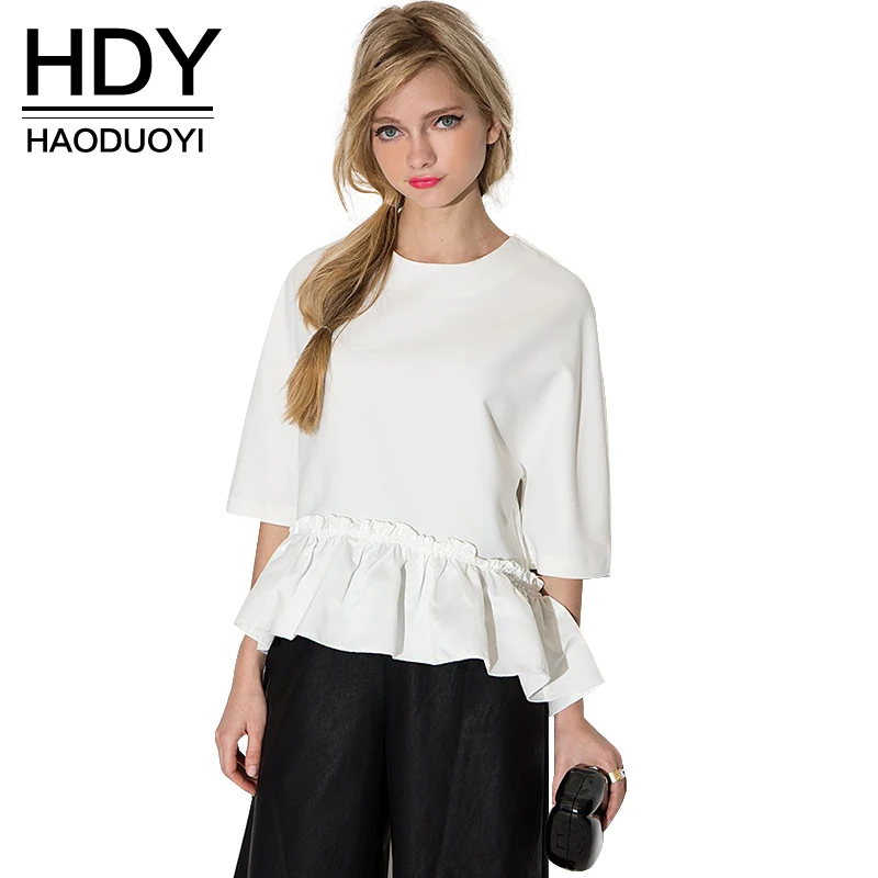 

HDY Haoduoyi Solid O Neck Half Sleeve Ruffle Blouse Casual Brief Elegant Draped High Low Shirt Sweet Preppy Style Loose Tops