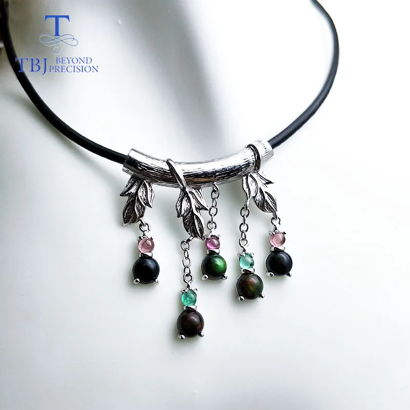 

TBJ,2019 vintage natural black opal tourmaline emerald gemstone leather chord necklace 925 sterling silver fine jewelry women