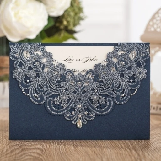 Image WISHMADE Laser Cut Wedding Invitation Cards 50pcs Free Shipping Navy Blue Wedding Engagement Party Printable Invites AW7513