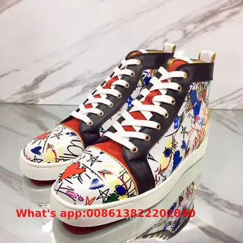 High-top Leisure Shoes Lace-up White Art Graffiti Rivets Red Bottom For Man Shoes Sneakers Leather Flat Loafers 2018
High-top Leisure Shoes Lace-up White Art Graffiti Rivets Red Bottom For Man Shoes Sneakers Leather Flat Loafers 2018