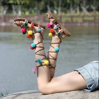 Women Flats Multi-color Pom Poms Shoes Summer Gladiator Sandals Lace-up Fringed Bohemia Sandals Beach Dress Flip Flops Shoes
Women Flats Multi-color Pom Poms Shoes Summer Gladiator Sandals Lace-up Fringed Bohemia Sandals Beach Dress Flip Flops Shoes