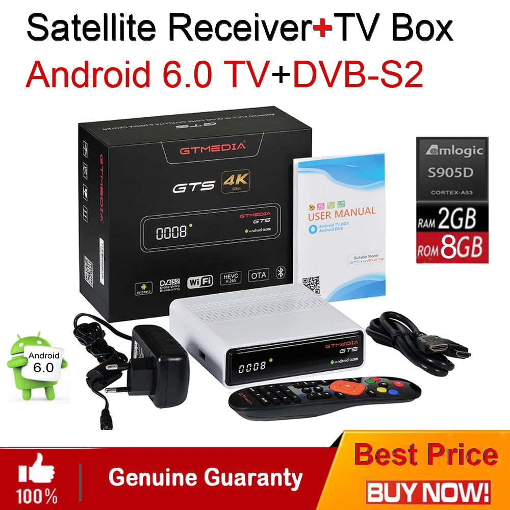 GTmedia GTS Android 6.0 4K TV BOX Combo DVB-S2 Satellite Receiver 2GB RAM 8GB ROM Amlogic S905D BT4.0 Smart Set Top box
GTmedia GTS Android 6.0 4K TV BOX Combo DVB-S2 Satellite Receiver 2GB RAM 8GB ROM Amlogic S905D BT4.0 Smart Set Top box