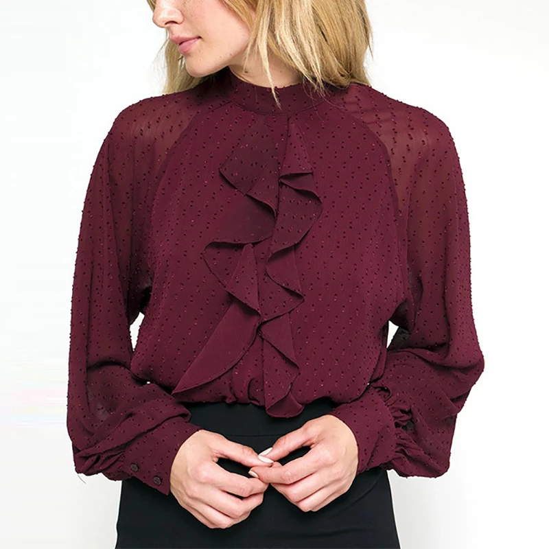 Women Summer Autumn Wine Red Ruffles Chiffon Blouses Button Stand Collar Long Lantern Sleeve Ladies Sexy Shirts Size S-XL 6Q2509
Women Summer Autumn Wine Red Ruffles Chiffon Blouses Button Stand Collar Long Lantern Sleeve Ladies Sexy Shirts Size S-XL 6Q2509