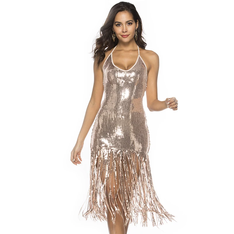 

Sexy Halter Plunge Backless Bodycon Sequin Midi Dress Roaring 20s 1920s Flapper Dress Great Gatsby Party Fringe Dress Costume