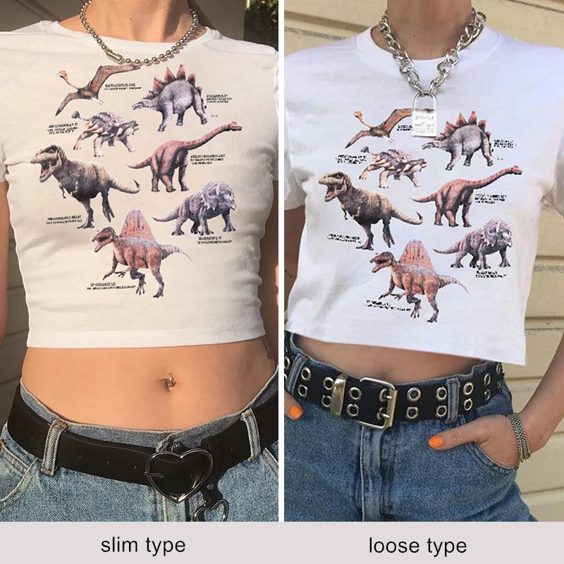 Sexy Crop Top Dinosaur Print T Shirts Women Short Sleeve White Cotton Tee Shirt Streetwear Style female T-shirt Tops Tees
Sexy Crop Top Dinosaur Print T Shirts Women Short Sleeve White Cotton Tee Shirt Streetwear Style female T-shirt Tops Tees
