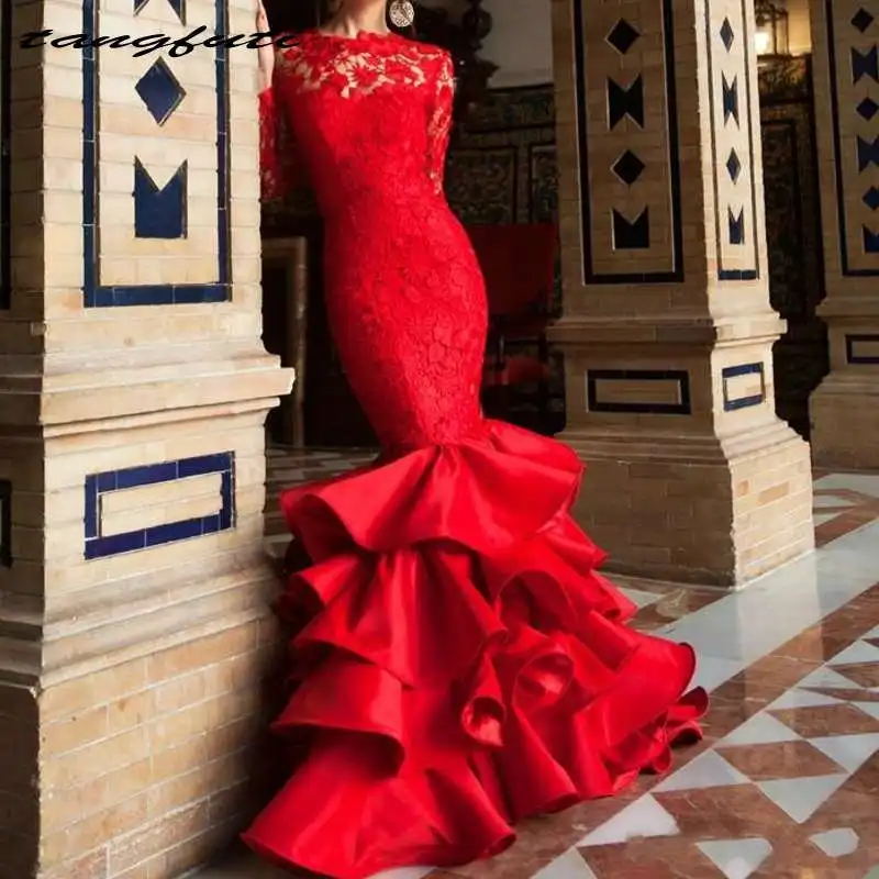 Sexy Red Mermaid Prom Dresses Lace Applique Backless Sweep Train Formal Evening Party Gown Tiered Prom Dress
Sexy Red Mermaid Prom Dresses Lace Applique Backless Sweep Train Formal Evening Party Gown Tiered Prom Dress