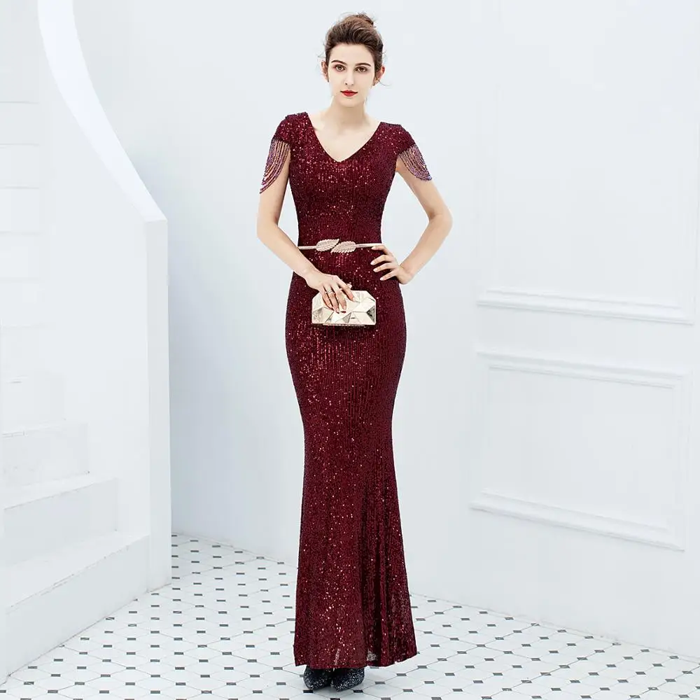 Wine Red Deep V Neck Sequined Beaded Short Sleeve Long Mermaid Celebrity Party Dress Women Sexy Clubwear Elegant Dresses 2019
Wine Red Deep V Neck Sequined Beaded Short Sleeve Long Mermaid Celebrity Party Dress Women Sexy Clubwear Elegant Dresses 2019