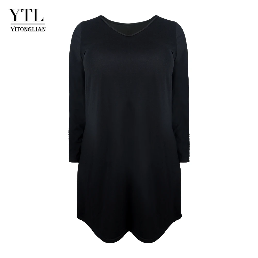 

YTL Plus Size Dress for Women 6XL 7XL 8XL Black Cotton Winter Long Sleeve Pocket Dresses Elegant Office Slim Tunic Dress H127