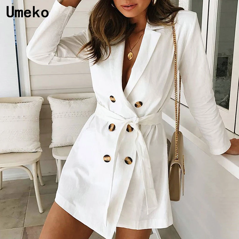 

Women's Bandage Dress Elegant Long Sleeve Casual White Solid Double Row Button Suit Loose England Style Female Shirt Dress