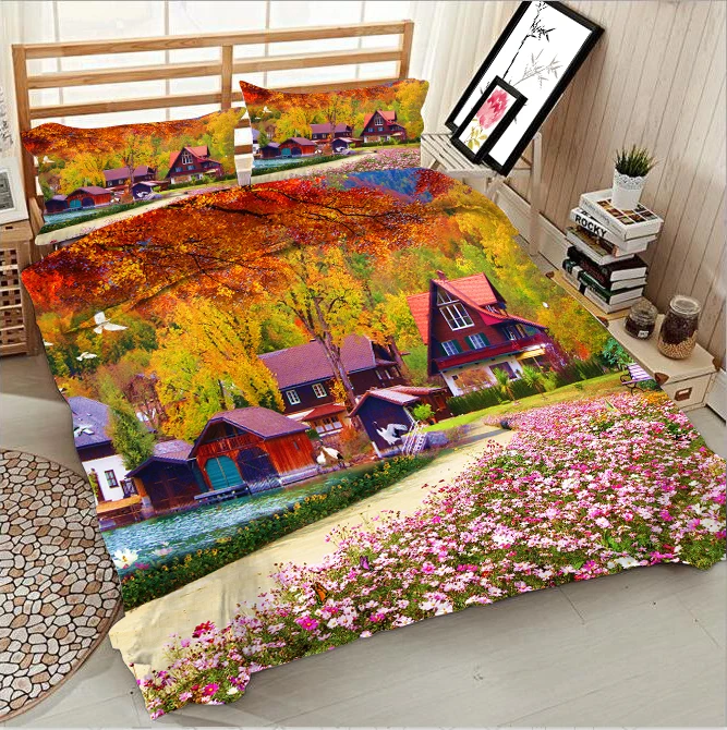 Pink flowers and featured houses 3d effect photo bed linen can be customized photo pattern
Pink flowers and featured houses 3d effect photo bed linen can be customized photo pattern