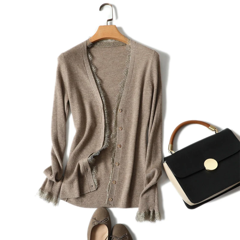 Ladies Short Cardigans Full Sleeve Spring Summer New 100% Cashmere Female Cardigan With Lace Decor Vintage Ladies Buttons Tops
Ladies Short Cardigans Full Sleeve Spring Summer New 100% Cashmere Female Cardigan With Lace Decor Vintage Ladies Buttons Tops