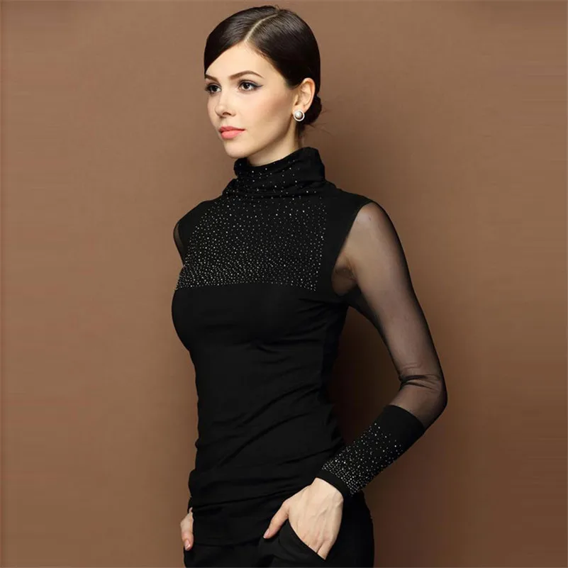 2017 Women's Tops Black Turtleneck Long Sleeve Blouse Mesh Slim Basic Tops Diamond Stud Sweater
2017 Women's Tops Black Turtleneck Long Sleeve Blouse Mesh Slim Basic Tops Diamond Stud Sweater