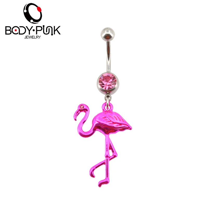 BODY PUNK Pink Flamingo Navel Ring 316L Surgical Steel Piercing Belly Button Rings Beautiful Navel Piercing Sex Body Jewelry (1)