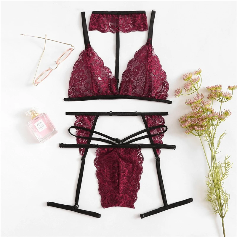 

Burgundy Scalloped Trim Floral Lace Garter Thongs And Strings Lingerie Set Women Intimates 2019 Lovely Pink Underwear Bra Set