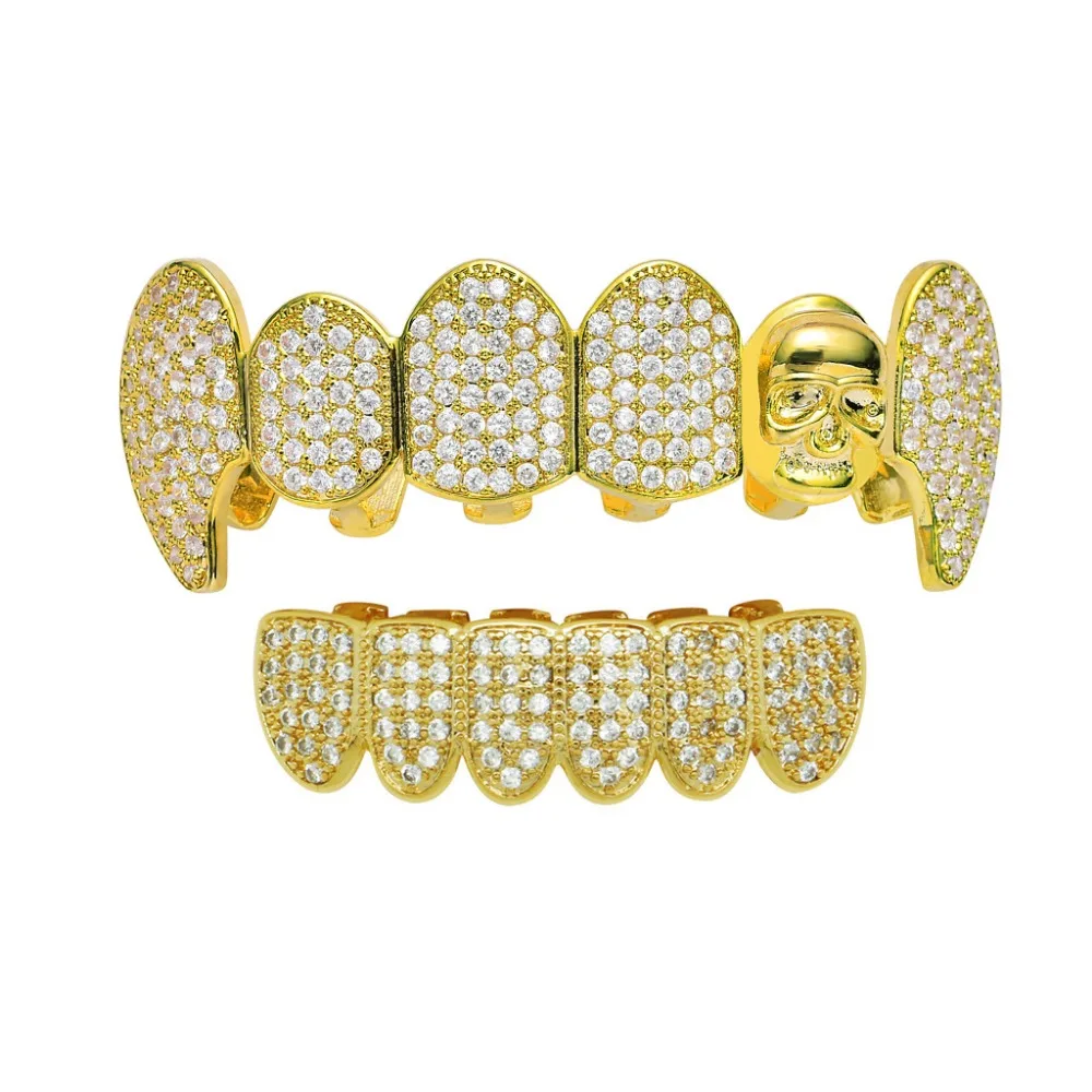 Hip Hop Micro Pave CZ Zircon Bling Iced Out Skeleton Skull teeth Grillzs Fang Top Bottom Set Men Rapper Jewelry Gold Silver
Hip Hop Micro Pave CZ Zircon Bling Iced Out Skeleton Skull teeth Grillzs Fang Top Bottom Set Men Rapper Jewelry Gold Silver