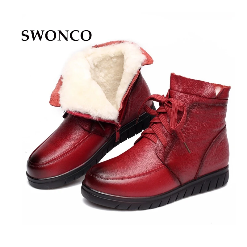 Женские ботинки SWONCO зимние из натуральной кожи на меху с шерстью со шнуровкой 2018 |