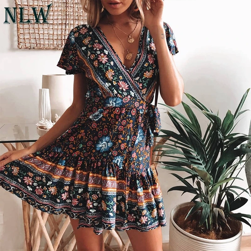 NLW Sexy Casual Party Women Dress Boho Floral Print Ruffle Summer Beach Dress Vestidos Vintage Short Mini Boho Dresses
NLW Sexy Casual Party Women Dress Boho Floral Print Ruffle Summer Beach Dress Vestidos Vintage Short Mini Boho Dresses