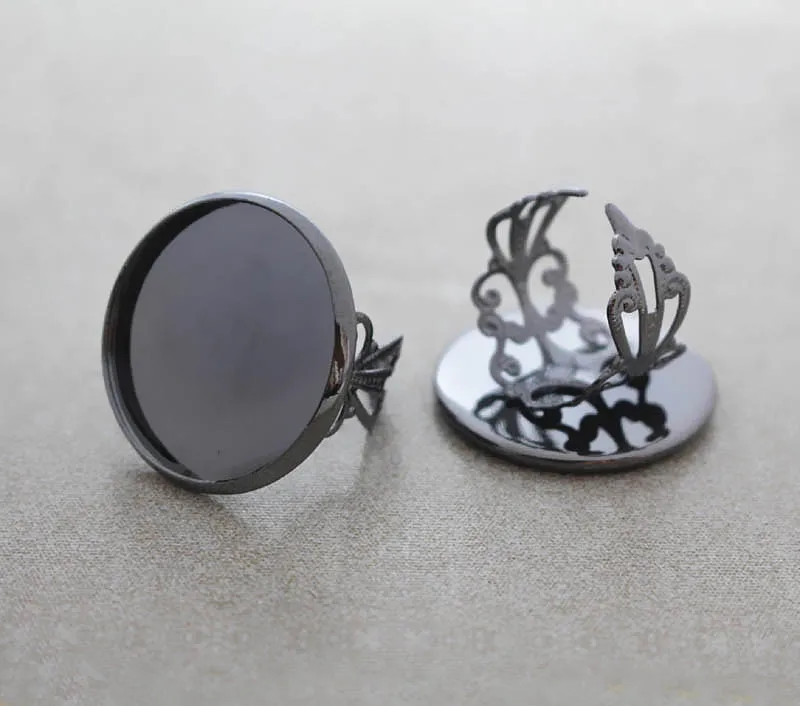 Blank Open Ring Settings with Round Smooth Bezel Resin Cabochons Bases Filigree Flower Rings DIY Findings Gunmetal Black tone | Украшения и