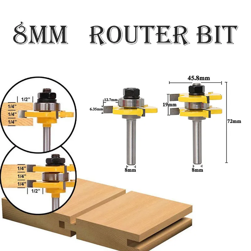 8MM Size Groove and Tongue Router Bit Woodworking Carving Engraving Milling Cutter Wood Trimming Tenon Cutting Tool
8MM Size Groove and Tongue Router Bit Woodworking Carving Engraving Milling Cutter Wood Trimming Tenon Cutting Tool