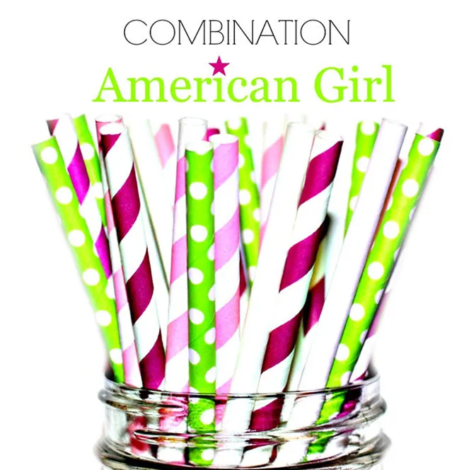 

100 Pcs Mixed Colors AMERICAN GIRL PARTY Paper Straws,Plain White,Lime Green Dot,Hot Pink and Deep Pink Stripe,Drinking,Birthday