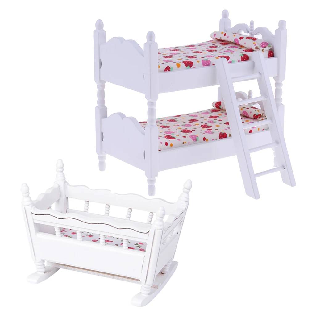 European 1/12 Dollhouse Miniature Children Bunk Bed & Baby Cradle Bedroom Furniture Life Scenes Decor