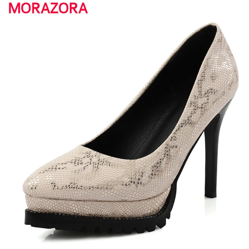 MORAZORA Thin high heels shoes 10.5cm elegant contracted woman shoes PU soft leather pumps shallow platform shoes party