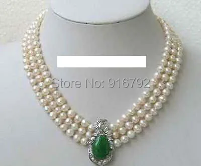YH@CS >3 Rows Real White Pearl 18KWGP Green Jade Crystal Pendant Necklace